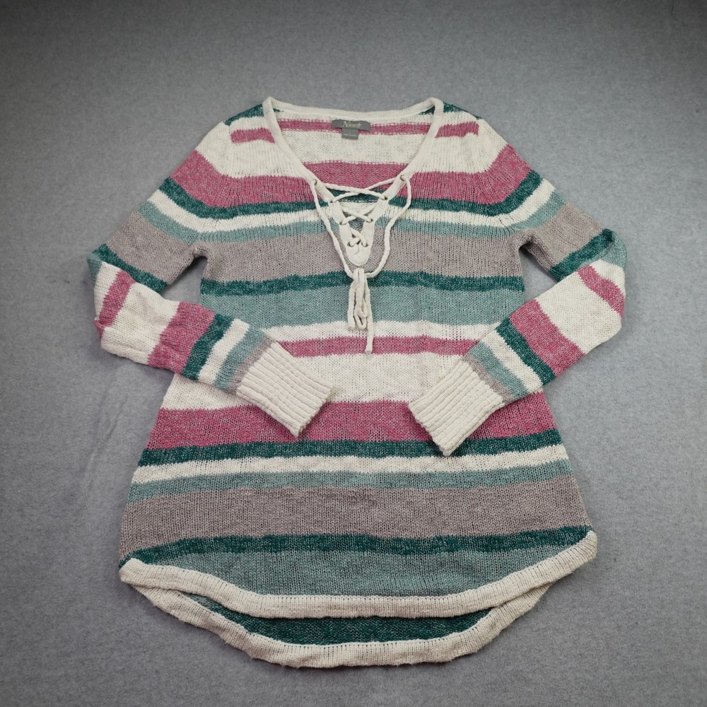 Natural Reflections Sweater Womens L Multicolor Boho Lace-up V-Neck Striped Knit